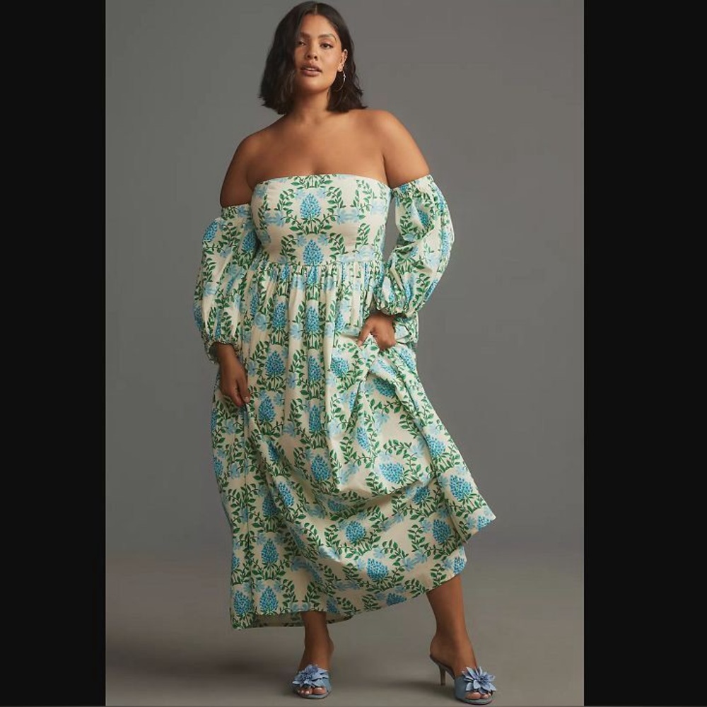 Anthropologie let me be blue and green floral Off-Shoulder Dress, size XL
